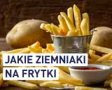Złociste frytki w metalowym wiaderku, obok surowe ziemniaki i ketchup. Idealne ziemniaki na frytki to podstawa chrupiącej przekąski.