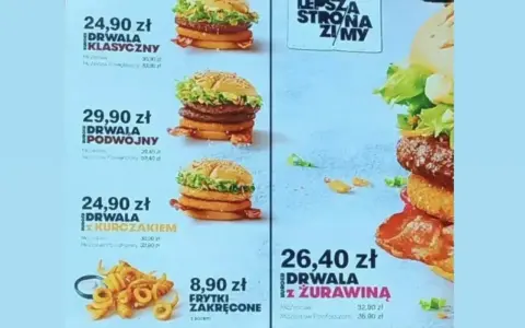 Menu McDonald's: Drwala Klasyczny kosztuje 24,90 zł, Drwala Podwójny 29,90 zł, Drwala z Kurczakiem 24,90 zł, a Drwala z Żurawiną 26,40 zł.
