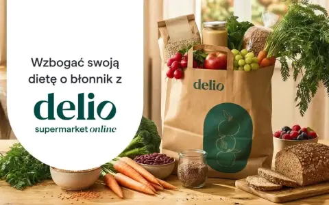 Wzbogać dietę o błonnik z Delio! Torba pełna świeżych warzyw, owoców i pieczywa.