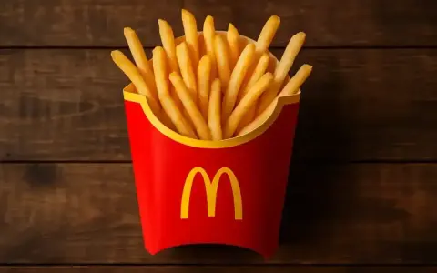 Złociste, chrupiące frytki McDonald's w czerwonym opakowaniu z logo, gotowe do schrupania na drewnianym tle.