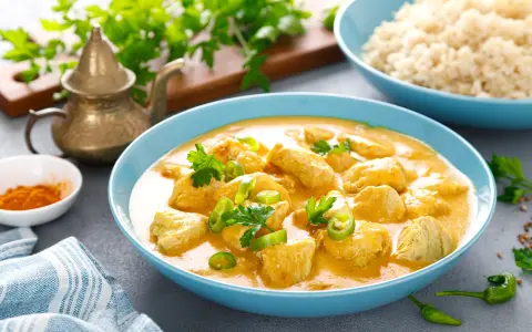 Aksamitny kurczak po tajlandzku w kremowym sosie, udekorowany świeżą kolendrą i papryczką chili. Obok miseczka ryżu i przyprawy.