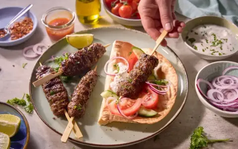 Pyszny gemuse kebab na talerzu z warzywami, sosem i pieczywem.
