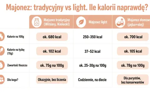 Tabela porównuje kalorie majonezu tradycyjnego Winiary, light i domowego. Majonez lekki ma 250-350 kcal na 100g.