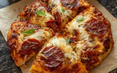 Gotowe ciasto na pizzę z pepperoni, ciągnącym serem i listkami bazylii, pachnące i apetyczne.