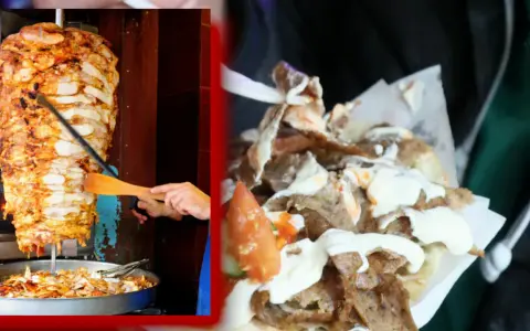 Obrotowy kebab z wołowiny i gotowy kebab z sosem i warzywami.