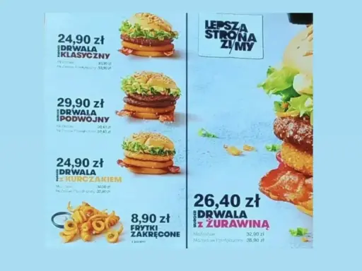 Menu McDonald's: Drwala Klasyczny kosztuje 24,90 zł, Drwala Podwójny 29,90 zł, Drwala z Kurczakiem 24,90 zł, a Drwala z Żurawiną 26,40 zł.
