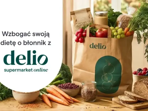 Wzbogać dietę o błonnik z Delio! Torba pełna świeżych warzyw, owoców i pieczywa.