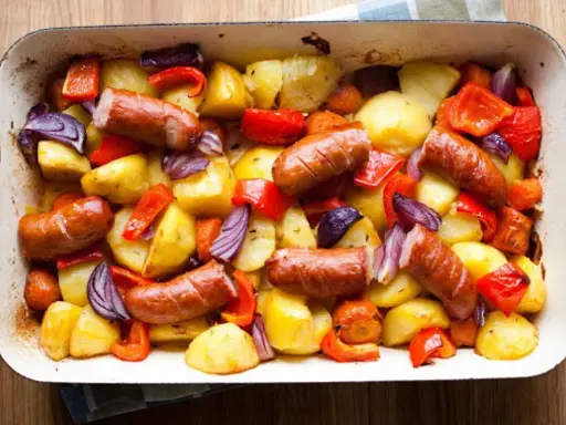 Pyszna kiełbasa z piekarnika z ziemniakami, papryką i cebulą w jednej blaszce.
