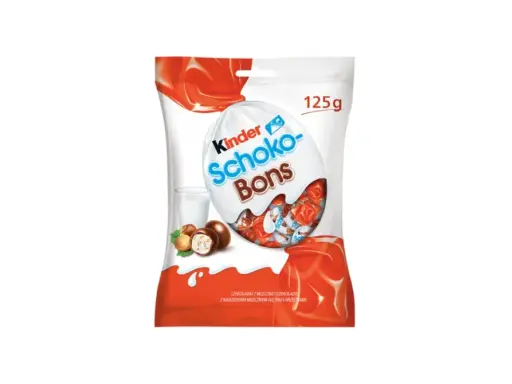 Opakowanie Kinder Schoko-Bons 125g. W środku czekoladki z mlecznej czekolady z nadzieniem mlecznym i orzechami. Zastanawiasz się nad schoko bons kcal?