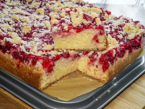 Puszyste ciasto drożdżowe z suchych drożdży z malinami i kruszonką, pokrojone na kawałki.