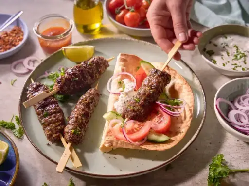 Pyszny gemuse kebab na talerzu z warzywami, sosem i pieczywem.