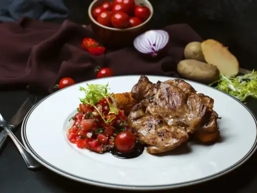Soczysty udziec wołowy z salsą pomidorową i ziemniakami. Idealny obiad dla smakoszy.