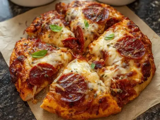 Gotowe ciasto na pizzę z pepperoni, ciągnącym serem i listkami bazylii, pachnące i apetyczne.