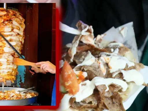 Obrotowy kebab z wołowiny i gotowy kebab z sosem i warzywami.