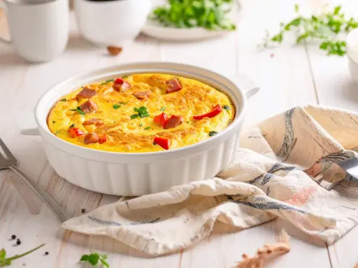 Pyszny omlet z airfryer, z kawałkami kiełbasy i papryki, udekorowany natką pietruszki, gotowy do podania.