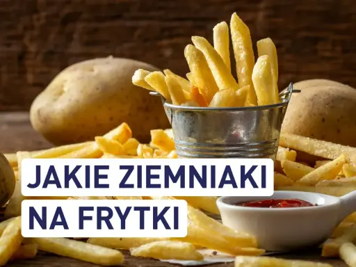 Złociste frytki w metalowym wiaderku, obok surowe ziemniaki i ketchup. Idealne ziemniaki na frytki to podstawa chrupiącej przekąski.