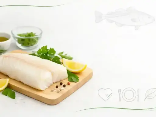 Świeży filet z dorsza na desce z cytryną i ziołami. Niska zawartość dorsz kcal czyni go idealnym wyborem dla dbających o linię.