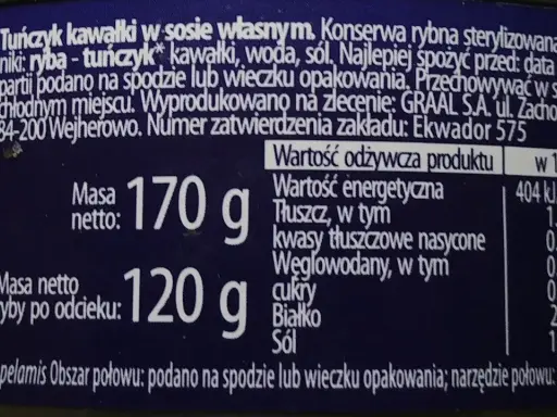 Tuńczyk w sosie własnym: 96 kcal na 100g. Konserwa rybna z kawałkami tuńczyka, wodą i solą. Masa netto 170g, ryby po odcieku 120g.