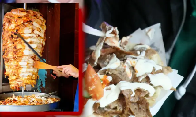 Obrotowy kebab z wołowiny i gotowy kebab z sosem i warzywami.
