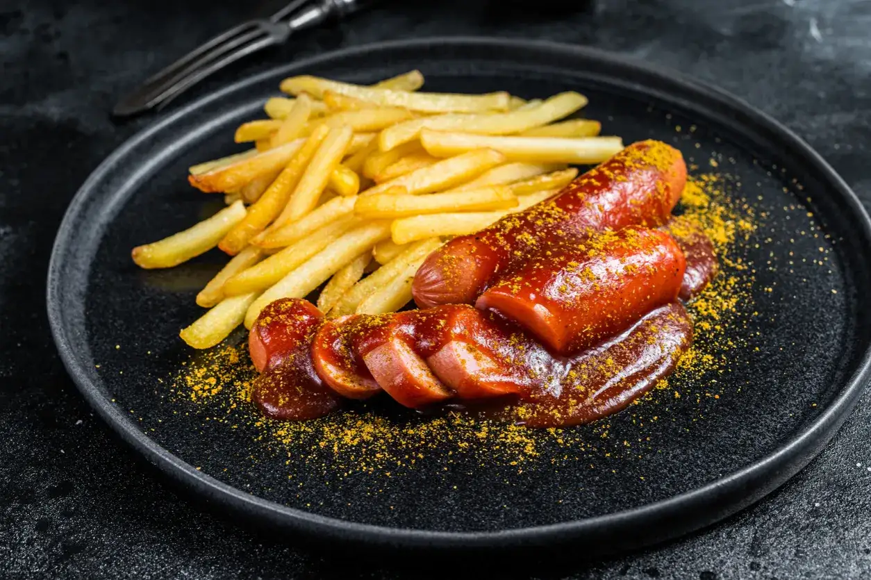 Kiełbasa z sosem curry i frytkami